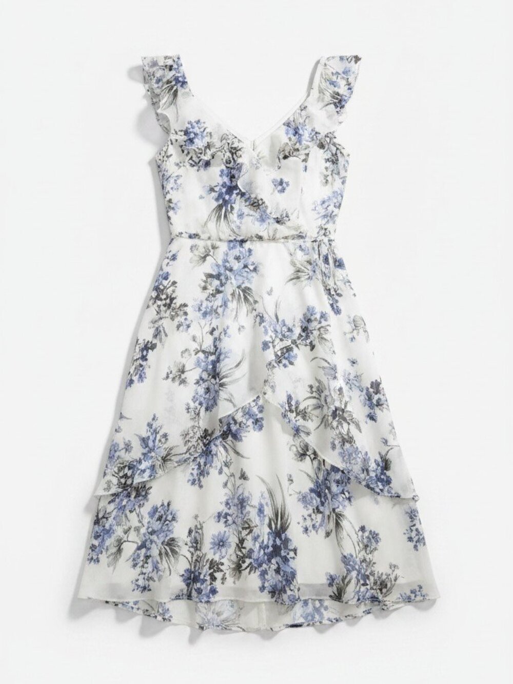 BCX Blue Floral Ruffle Sleeveless Midi Wrap Dress Size M